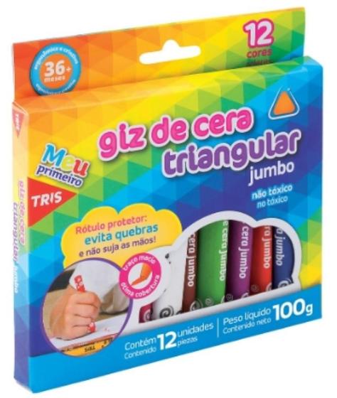 Imagem de Giz de Cera 12 Cores Gizão Triangular Jumbo Tris