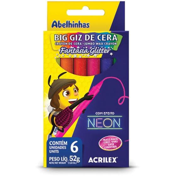 Imagem de Giz de Cera Gizão BIG GIZ Neon Glíter 52G - Pacote com 6 Cores