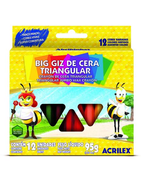 Imagem de Giz de cera longo grosso 12 cores 95g jumbo triangular acrilex