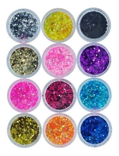 Imagem de Glitter Encapsulado Flocado Para Unhas 12 Cores Hexagonal