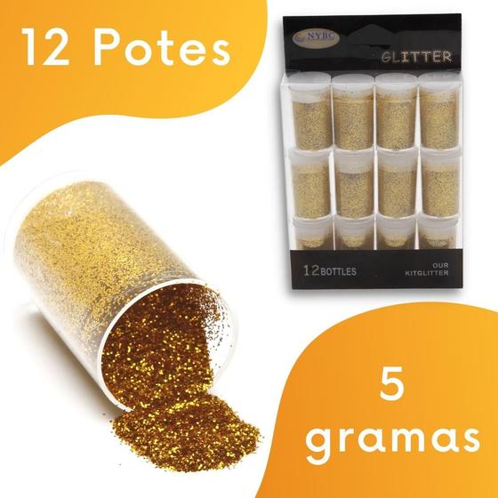 Imagem de Glitter Ouro - Purpurina Para Artesanato Ouro - Kit C/ 12 Potes - Nybc