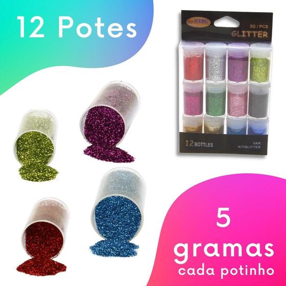 Imagem de Glitter - Purpurina Para Artesanato Várias Cores - Kit C/ 12 Potes - Nybc