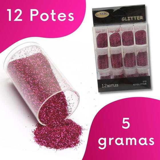 Imagem de Glitter Rosa - Purpurina Para Artesanato - Kit C/ 12 Potes - Nybc