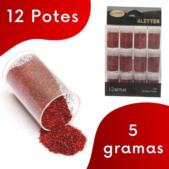 Imagem de Glitter Vermelho - Purpurina Para Artesanato - Kit C/ 12 Potes - Nybc