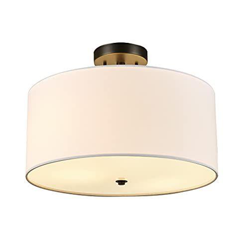 Imagem de Globe Electric 61272 Maria 1-Light Flush Mount Ceiling Light, Bronze Escuro, Tom de Tecido Branco, Marrom