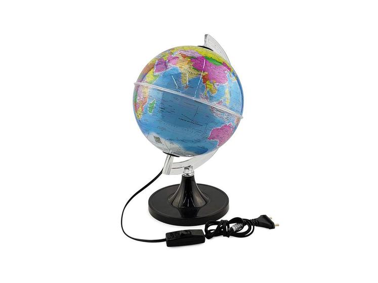 Imagem de Globo Terrestre Giratório Com Luz Led Mapa Mundi Em Português Escolar 21cm Base Preta Removível Luminária Bivolt