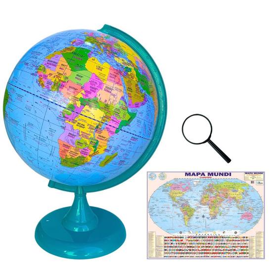 Imagem de Globo Terrestre Político Bilíngue 30cm Base e régua Verde + Mapa Mundi + Lupa