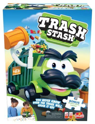 Imagem de Goliath Trash Stash Game w / 24pc Puzzle - Encher a lata de lixo, vê-lo despejar no caminhão de lixo ou caminhão Chucks It Up - Inclui quebra-cabeça de 24 peças