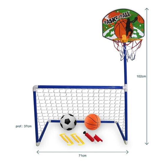 Imagem de Golzinho Trave Futebol + Cesta Basquete 2 Bola Bomba Suporte