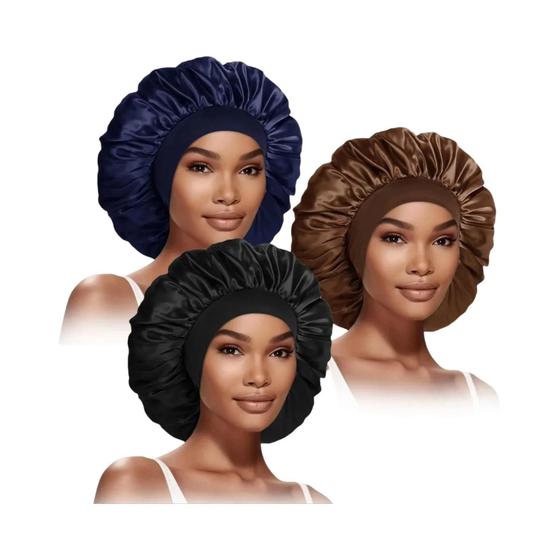 Imagem de Gorro Elástico Feminino com Aba Larga - Pacote com 3 Peças - Para Cabelos Lisos e Enrolados