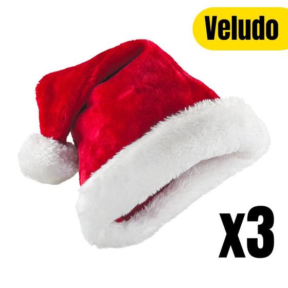 Imagem de Gorro Papai Noel Veludo Elegância Vermelho 40cm Touca Natal 3 und