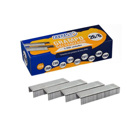 Grampo para Grampeador 26/6 Galvanizado 20fls BRW 5000un Menor preço em Grampo para Grampeador 26/6 Galvanizado 20fls BRW 5000un