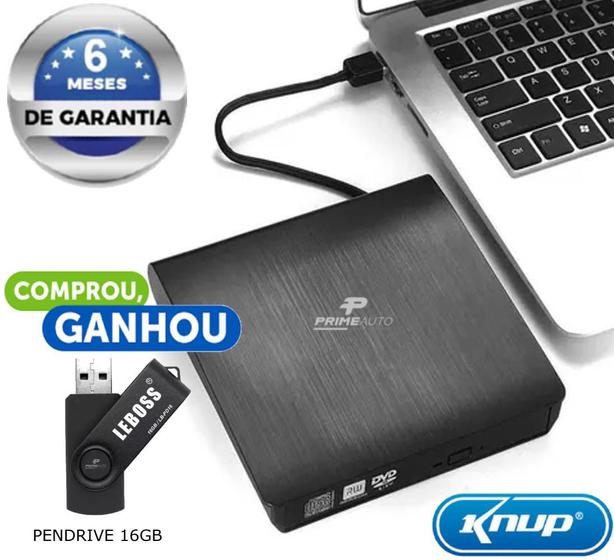 Imagem de Gravador Portátil Externo CD/DVD Portátil Conexão USB Knup KP-LE300 Pendrive 16GB