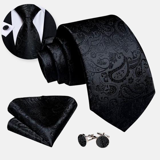Imagem de Gravata de Seda Preto Executiva c/ Lenço Abotoaduras Casamentos Aniversários