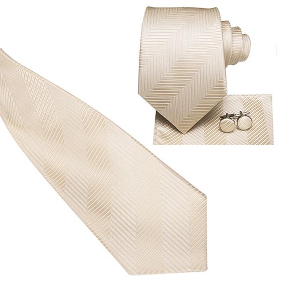 Imagem de Gravata Seda Clássica Importada Jacquard Paisley pérola com lenço e abotoaduras