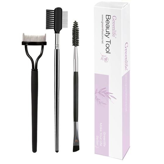 Imagem de GreenLife 3Pcs Profissional Eyelash Comb Clash Brush Duo Eyelash Brush Curlers Double-Ended Dual Eyebrow Brush Rímel Spoolie Separador Angular Sobrancel Escova de Aço Maquiagem Ferramenta de Higiene