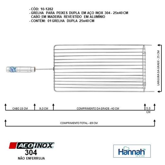 Imagem de Grelha Aço Inox Dupla Peixe ,Legumes ,Carnes Finas  Cabo Madeira Revestido em Alumínio 25X40Cm Hannah 