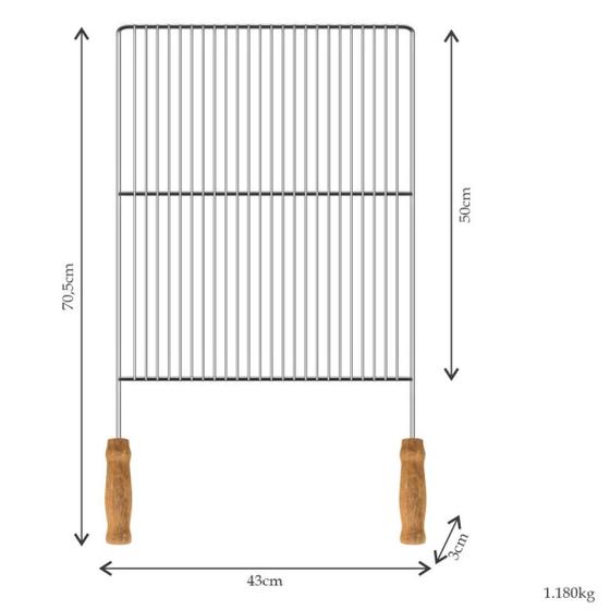 Imagem de Grelha Churrasco Aço Cromado 70,5x43cm - Área Útil 50x43cm com Cabo de Madeira