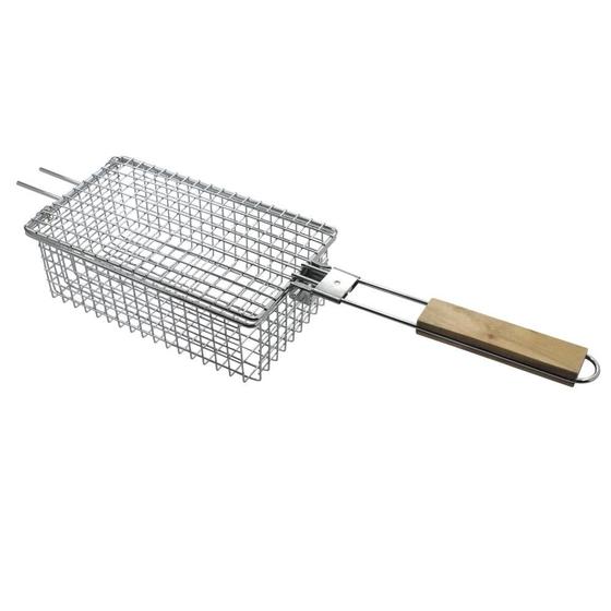 Imagem de Grelha para churrasco Easy Grill em aço inox com cabo de madeira L52,5xP13,5xA8cm - Dynasty