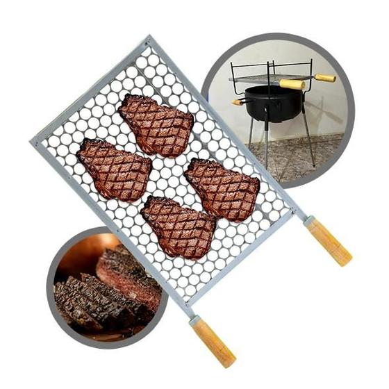 Imagem de Grelha Popular Moeda Inox 33x30 Para Churrasco Cabo Madeira - Gudim