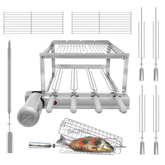 Grill Inox 4 Espetos + 2 Grelhas Auxiliares+Grelha Giratória Sevefort Kit Rotativo para