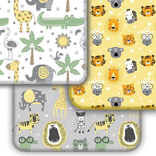 Imagem de GROW WILD Pack n Play Stretchy Fitted Sheet Set  3-Pack Laptop Mini Crib Sheets, Conversível Playard Colchão Capa, Pack and Play Sheets, Ultra Soft Material, Safari Elephant Amarelo Cinza Branco