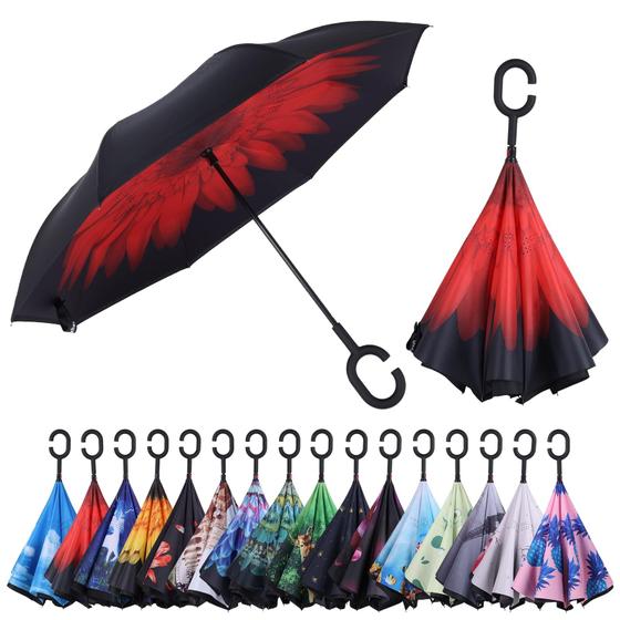 Imagem de Guarda-Chuva Invertido Wxjiahetai - Design em Forma de C com Alça Vermelha
