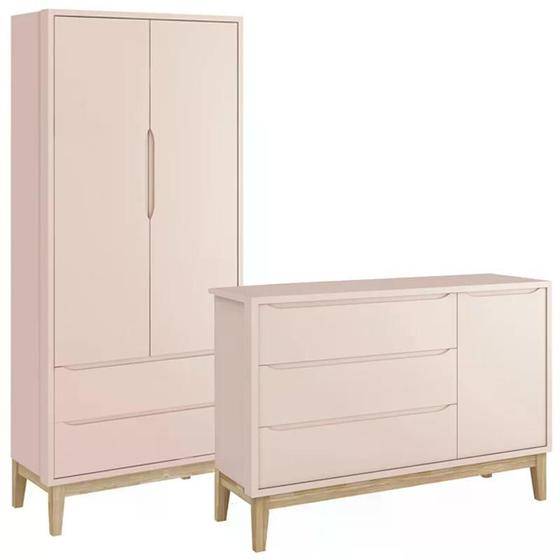 Imagem de Guarda Roupa 2 Portas e Cômoda com Porta Classic Rosa Fosco Pés Madeira Natural - Reller Móveis