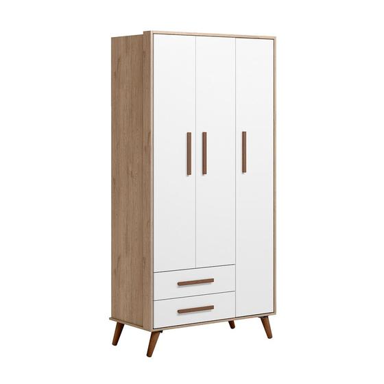 Imagem de Guarda-Roupa 3 Portas 2 Gavetas Q Encanto Retrô  Carvalho Rustico e Branco - QMovi