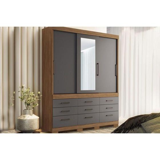 Imagem de Guarda Roupa 3 Portas de Correr e 9 Gavetas c/ Espelho e Pés Click 3.9 Jatoba/Grafitte - Santos Andirá