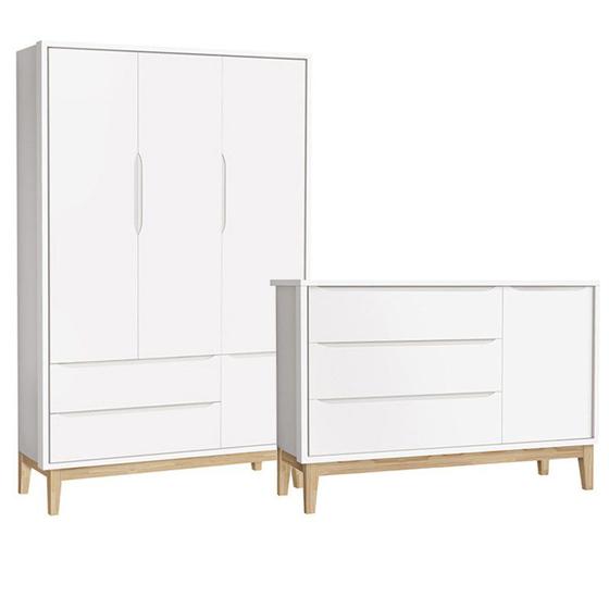 Guarda Roupa 3 Portas e Cômoda com Porta Classic Branco Fosco Pés Madeira Natural - Reller Móveis Menor preço em Guarda Roupa 3 Portas e Cômoda com Porta Classic Branco Fosco Pés Madeira Natural - Reller Móveis