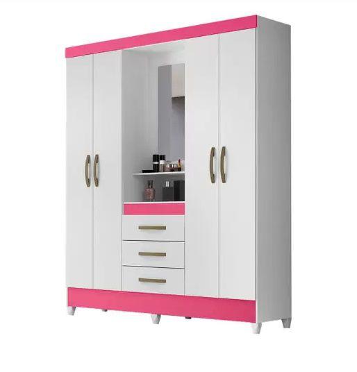 Imagem de Guarda Roupa 4 Portas, 3 Gavetas 1,65 m  Com Espelho  Branco / Rosa Moval Capri