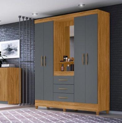 Imagem de Guarda Roupa 4 Portas, 3 Gavetas 1,65 m  Com Espelho  Freijo / Cinza Moval Capri  