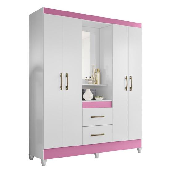 Guarda Roupa 4 Portas com Espelho Niterói Branco Rosa Flex 983440 Moval Menor preço em Guarda Roupa 4 Portas com Espelho Niterói Branco Rosa Flex 983440 Moval