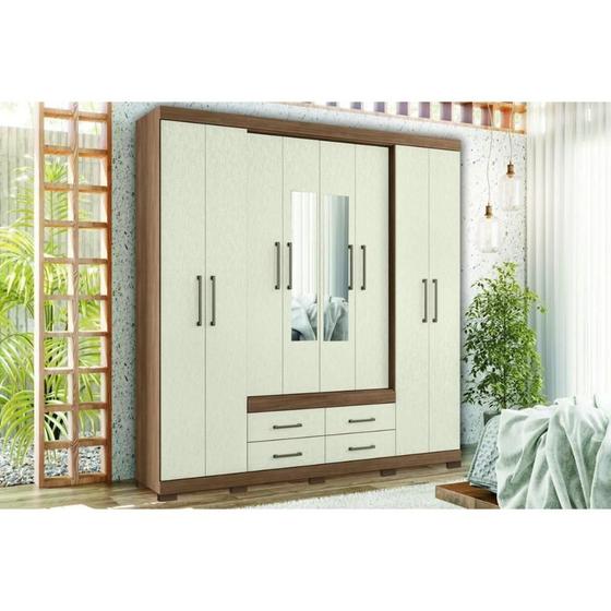 Imagem de Guarda Roupa 8 Portas (2 c/ Espelho) e 4 Gavetas c/ Pés Nápoles Jatobá/Areia - Santos Andirá
