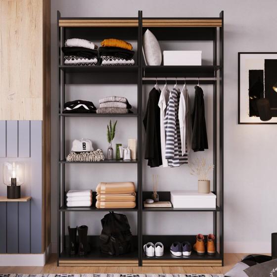 Imagem de Guarda Roupa Aberto Closet 1 Modulo Cabideiro 1 Modulo Prateleira Wood Genialflex