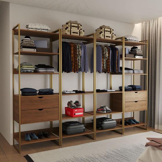 Imagem de Guarda Roupa Aberto Industrial Casal Modulado Completo Amêndoa Cabideiro com Gavetas Base Dourada