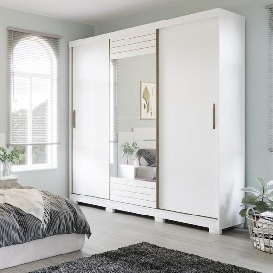 Guarda Roupa Armário Roupeiro Casal MDF 3 Portas de Correr 4 Gavetas 6 Prateleiras Quarto Branco Menor preço em Guarda Roupa Armário Roupeiro Casal MDF 3 Portas de Correr 4 Gavetas 6 Prateleiras Quarto Branco