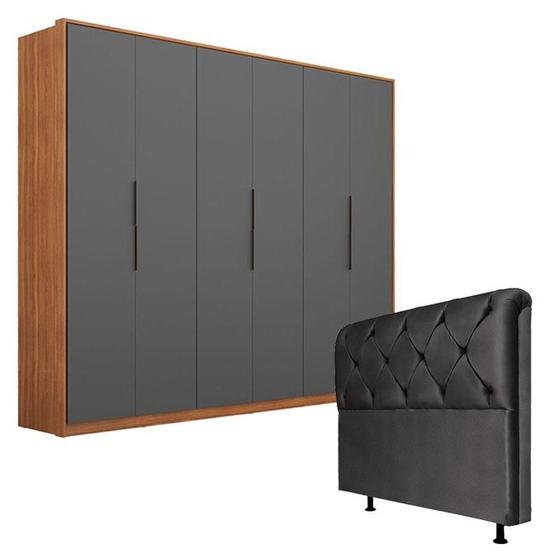 Imagem de Guarda Roupa Atrice 6 Portas Amêndola Grafito com Cabeceira Daiana 160 cm Preto  Demartêz