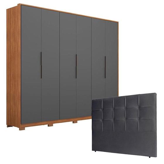 Imagem de Guarda Roupa Atrice 6 Portas Amêndola Grafito com Pés e Cabeceira Luiza 140 cm Preto    Demartêz