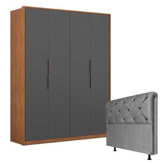 Imagem de Guarda Roupa Attore 4 Portas Amêndola Grafito com Cabeceira Daiana 140 cm Cinza  Demartêz