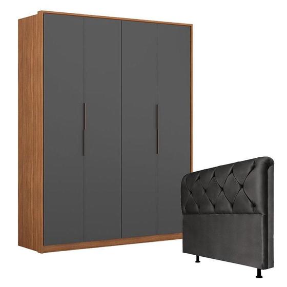 Imagem de Guarda Roupa Attore 4 Portas Amêndola Grafito com Cabeceira Daiana 160 cm Preto  Demartêz