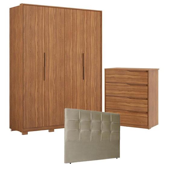 Imagem de Guarda Roupa Attore 4 Portas com Pés e Cômoda Atria Amêndola com Cabeceira Luiza 140 cm Taupe  Demartêz