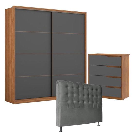 Imagem de Guarda Roupa Belga 2 Portas e Cômoda Atria Amêndola Grafito com Cabeceira Ana 140 cm Cinza  Demartêz