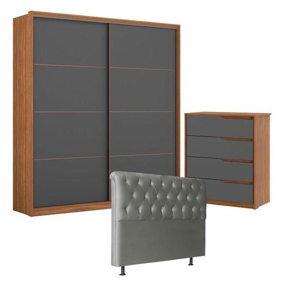 Imagem de Guarda Roupa Belga 2 Portas e Cômoda Atria Amêndola Grafito com Cabeceira Emilia 160 cm Cinza  Demartêz