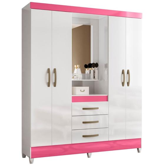 Imagem de Guarda Roupa Capri Com Espelho 4 Portas Branco Rosa Flex Moval