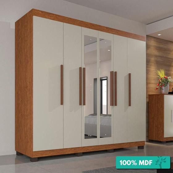 Imagem de Guarda-Roupa Casal 100% Mdf 6 Portas Com Espelho 4 Gavetas Londres Prime Imop Cinamomo/Off-White