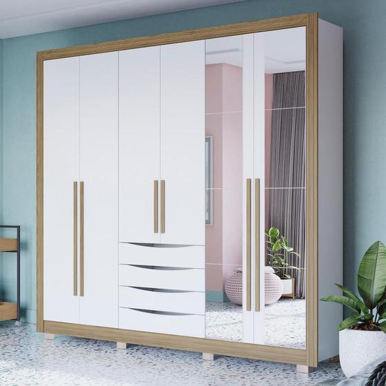 Imagem de Guarda-Roupa Casal 100% MDF Kappesberg 8 Espelhos 6 Portas 4 Gavetas Branco/Nogueira