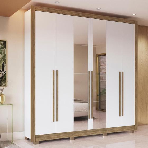 Guarda-Roupa Casal 100% MDF Kappesberg c/Pés e 8 Espelhos 6 Portas 8 Gavetas Branco/Nogueira Menor preço em Guarda-Roupa Casal 100% MDF Kappesberg c/Pés e 8 Espelhos 6 Portas 8 Gavetas Branco/Nogueira