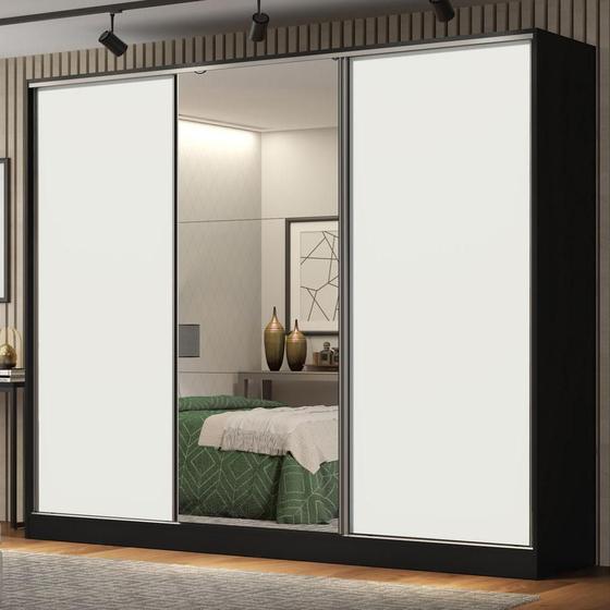 Imagem de Guarda Roupa Casal 100% MDF Madesa Royale 3 Portas de Correr com Espelho - Preto/Branco